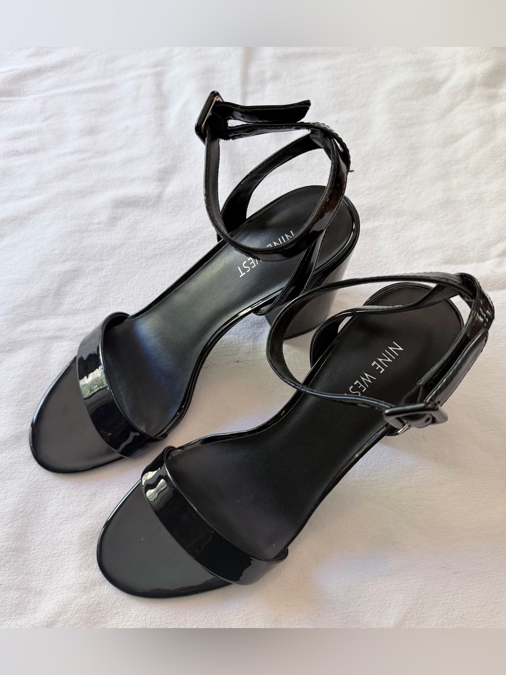 Nine West Women’s Black Patent Strappy Ankle Strap Open Toe Heels 10M
